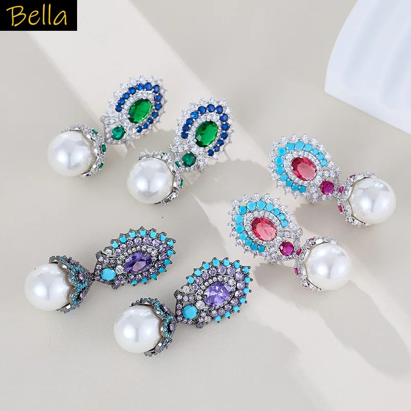 

blue pink zirconia earrings for women pearl drop pendant cute jewelry