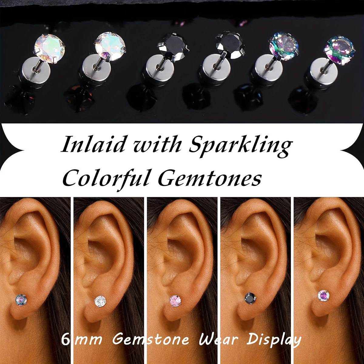 1 Pair Stainless Steel Round Cubic Zirconia Flat Back Stud Earrings Piercing Sleeper Cartilage Screwback Studs for Women Men