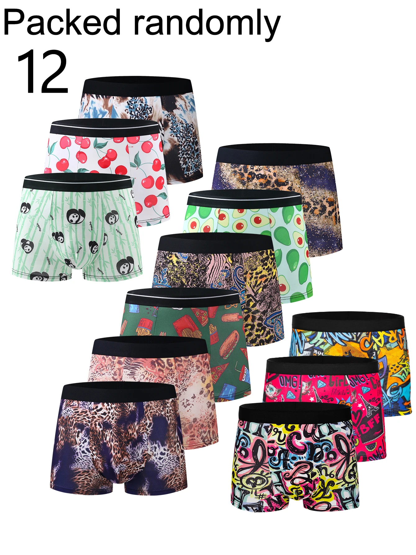 12-Pack Random Assorted Men's Boxer Briefs with Fruit And Leopard Print Cartoon Graffiti Designs Comfortable High Elasticity You