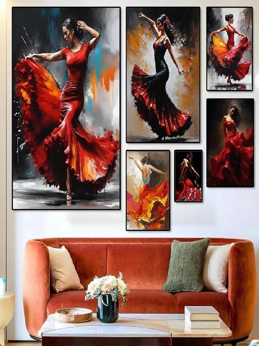 Graffiti Flamenco Dancer in Red Dress  Sexy Dancing Girl Poster Canvas Painting Wall Art for Home Bar Interior Decor Perfect Gif