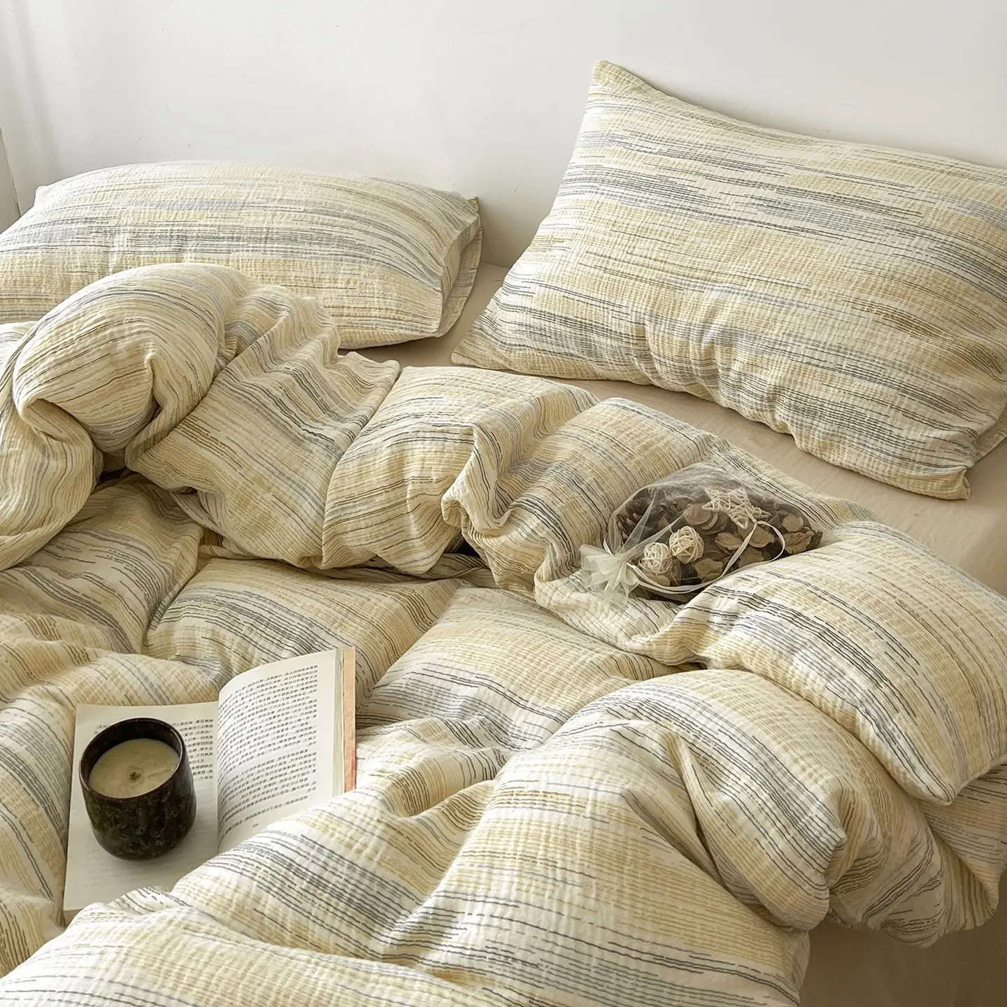 3/4Pcs Bedding Set Japanese Minimalism Futon Set Striped Bed Linen Complete Teen Bedrooms Cotton Flat Bed Sheet Four-Season