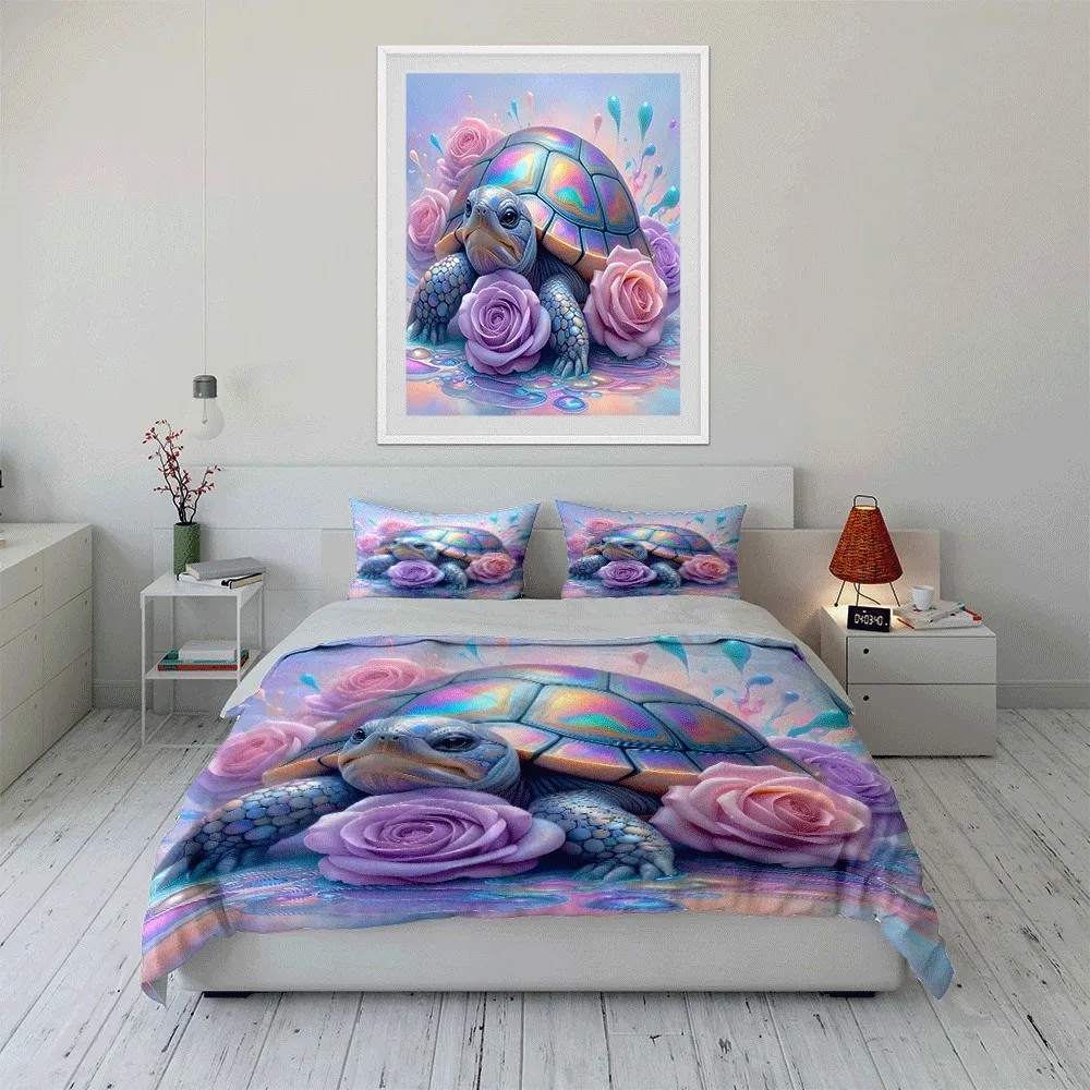 Iridescent Turtle and Floral Bliss Set Exquisite three-piece bedding set gift for kids and adults