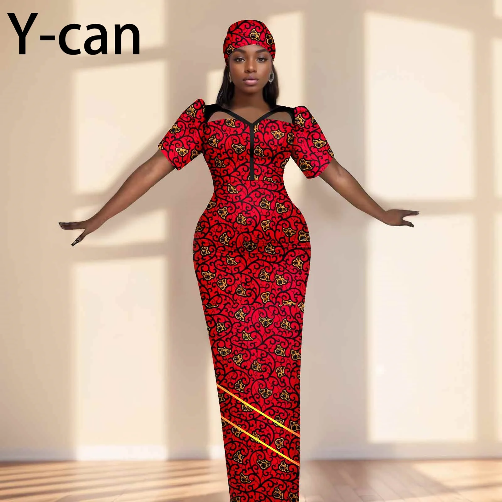 Party Gown African Dresses for Women Slim Fit Short Sleeve Dress Evening Vestidos with Headwrap Dashiki Ankara Print 2525071