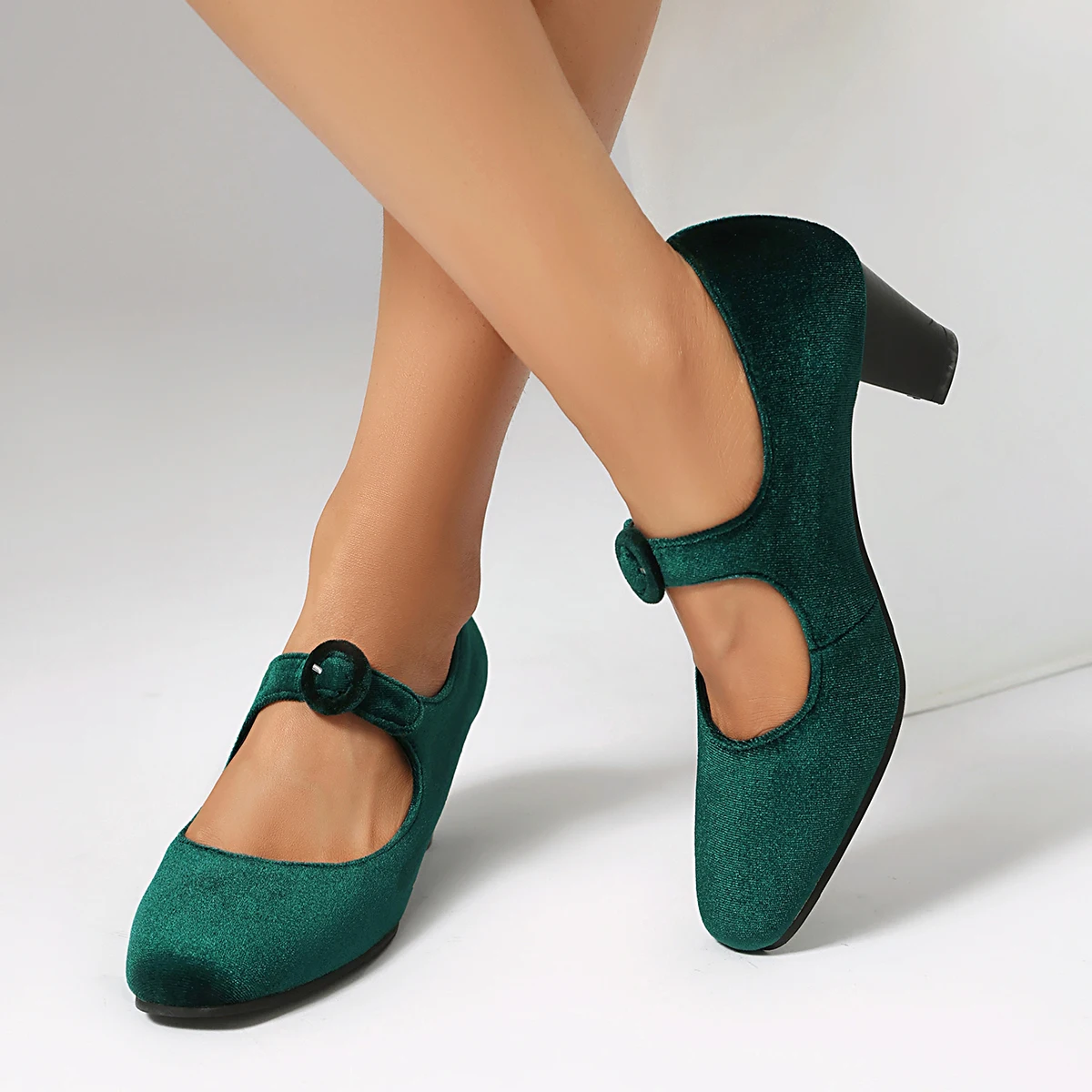 EAGSITY green suede pumps ankle strap high heel shoes women ladies mary jane shoes party dacning wedding