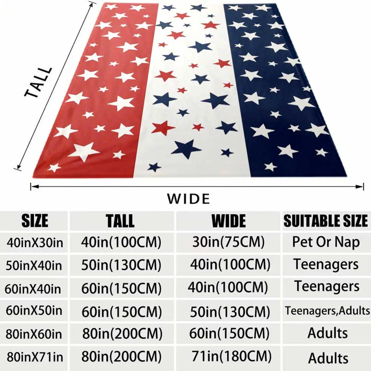 Patriotic Star Pattern Flannel Blanket Lightweight Warm Plush Throw Blanket Red White Blue Vertical Stripe Star Decor Blanket