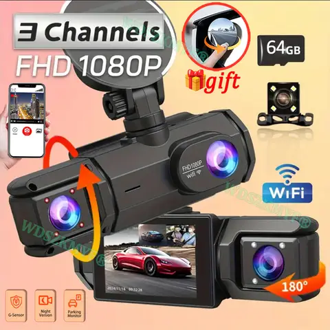 1080P 자동차 DVR WIFI 2/3 채널 전면 내부 후면보기 카메라 블랙 박스 대시 캠 자동차 비디오 레코더 자동차 액세서리 선물