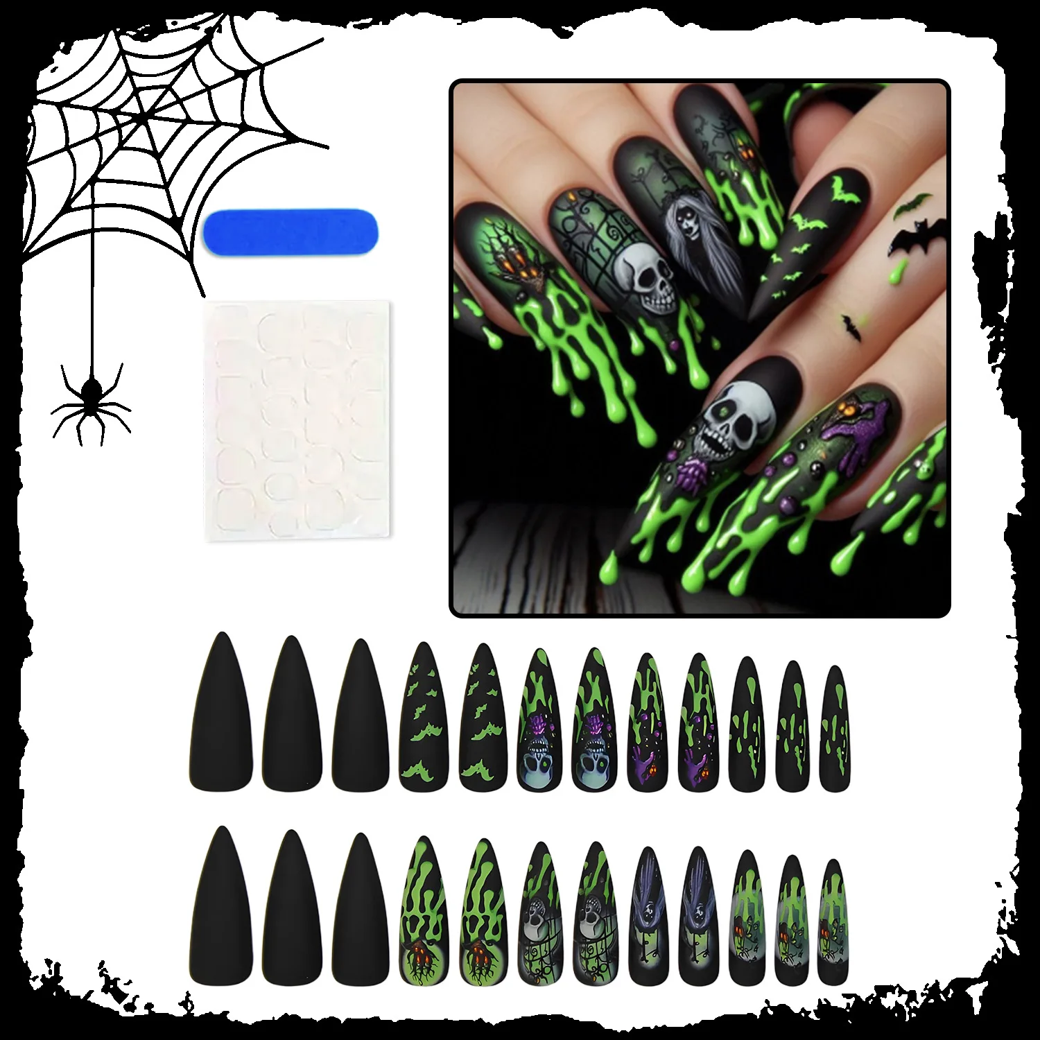 24 stuks Halloween Dark Skull Bat Green Press on Nail Kunstmatige nepnagels Naadloze verwijderbare valse nagel