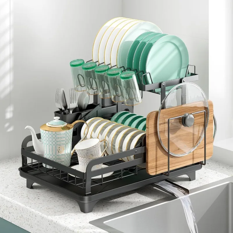 2 Layer Metal Dish Rack, No Installation Required, Sturdy Dish Rack for Kitchen Counter, Multi-purpose Storage and Drainage