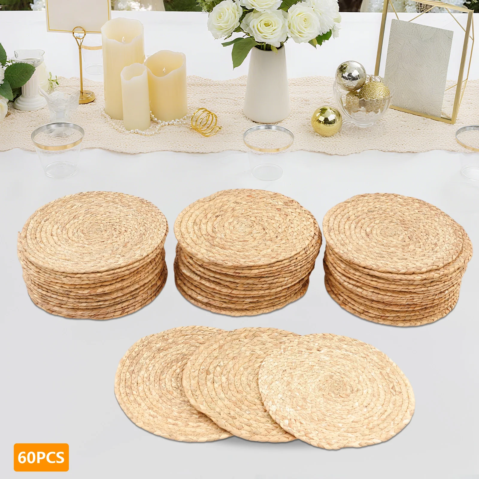 

60 PCS Placemats Round Placemats Woven Rustic Natural Water Hyacinth Place Mat 30cm