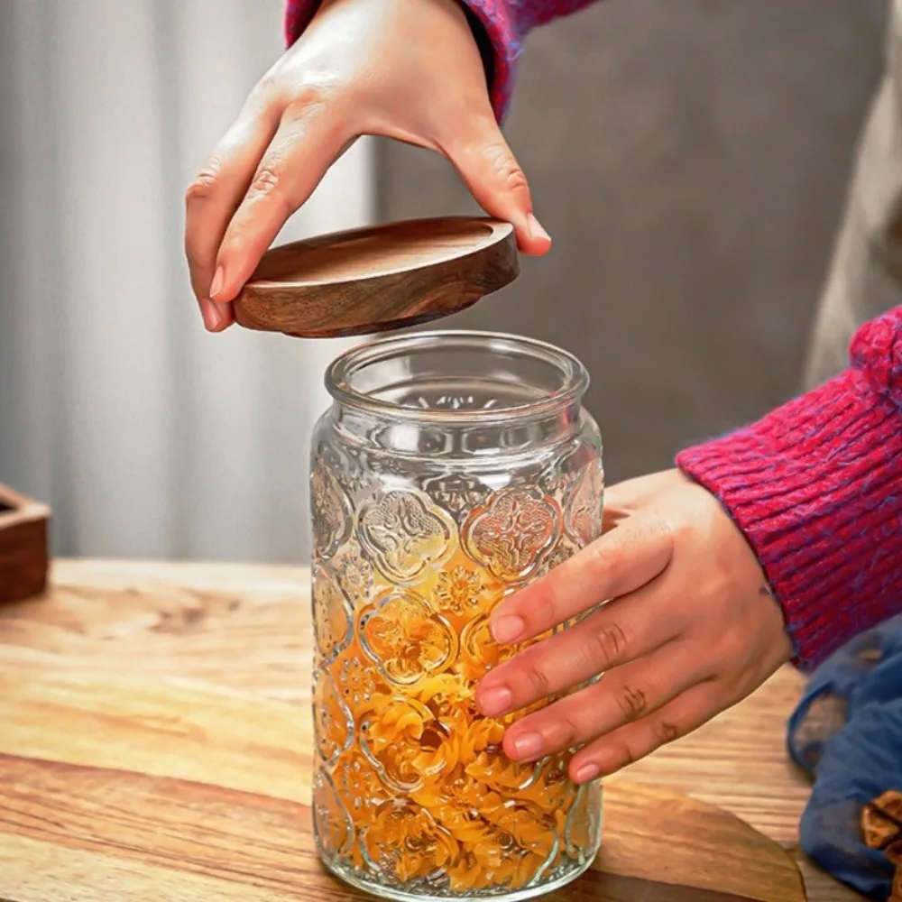 1000ML Storage Bottles Jars Embossed Pattern with Wooden Lid Food Storage Containers Begonia Glass Airtight Canister Tea Coffee