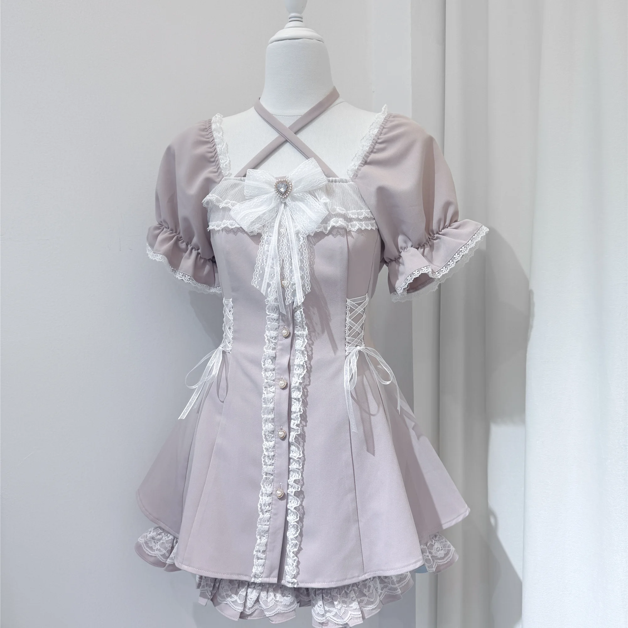 اليابانية الألغام الإنتاج الضخم لوليتا فستان قصير الأكمام مجموعة 2025 جديد الفتيات سليم صالح الحلو لطيف القوس فستان السراويل 2 قطعة مجموعة #3