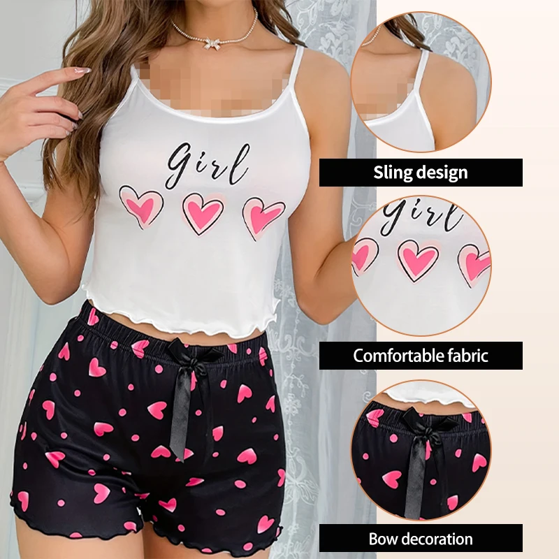 Heart-Shaped Printed Patterns Paired with Sleeveless Round Neck Suspender Top and Casual Home Shorts for Women\'s Pajama Set