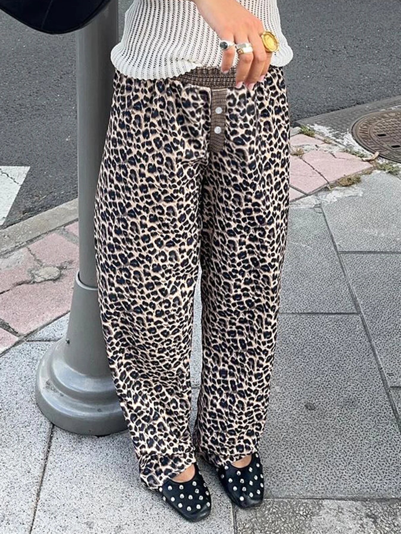 Weekeep Vintage y2k Leopard Print Trousers Streetwear 90s Patchwork Low Rise Casual Women Pants Hippie Straight Capris Harajuku