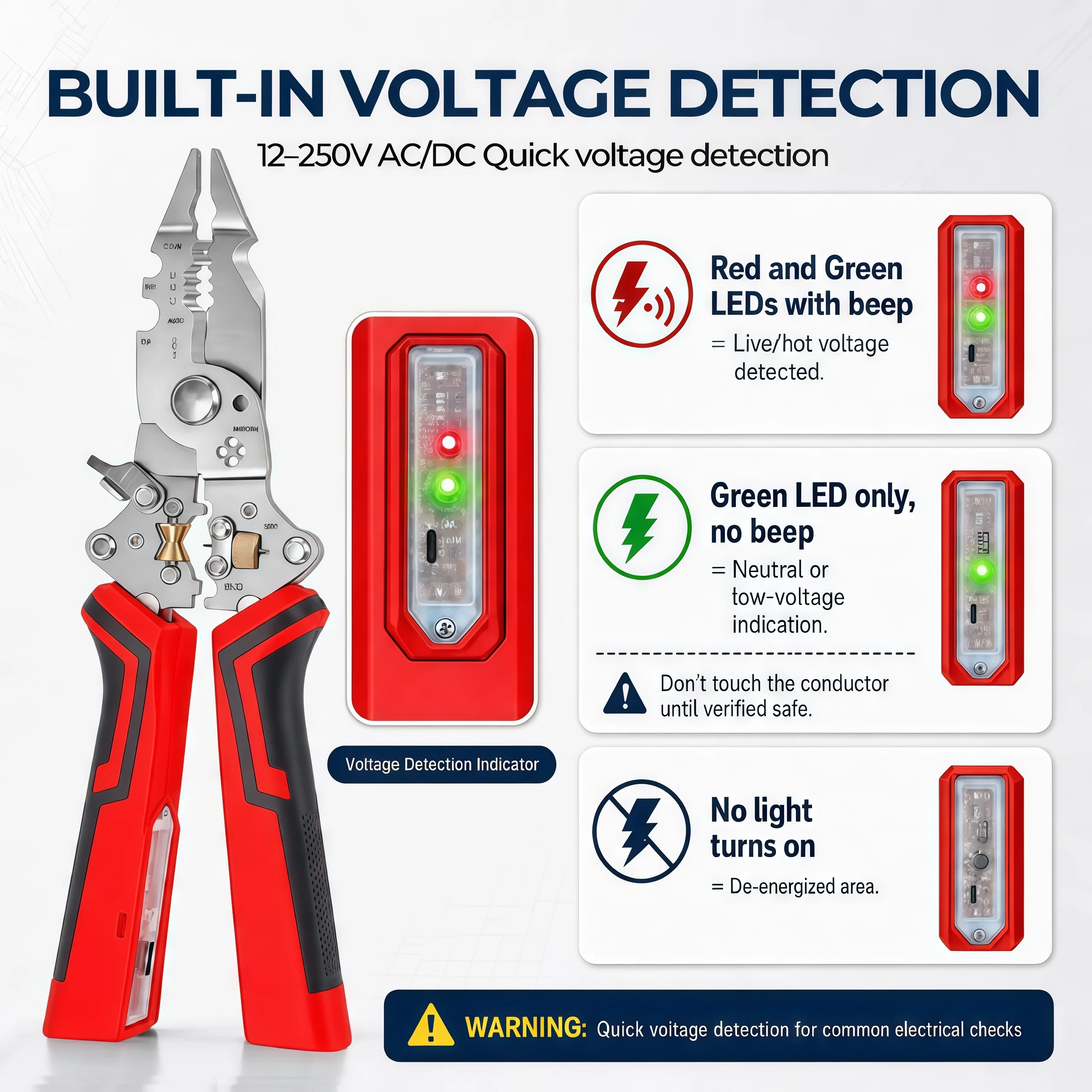 16-in-1 Wiederaufladbare Abisolierzange mit Spannungsprüfer & Alarm, Erkennbar von 12-250V, Hochleistungs-Elektrozange & Drahtschneider – Detail 12