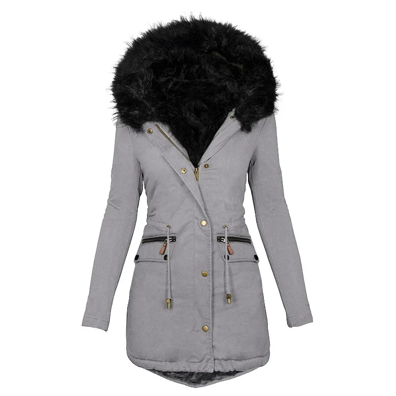 Winters Women\'s Fur Collar Mid-length Parka Coat Solid Color Fluffy Hat Zipper Waist Drawstring Warm Coats  Jacket