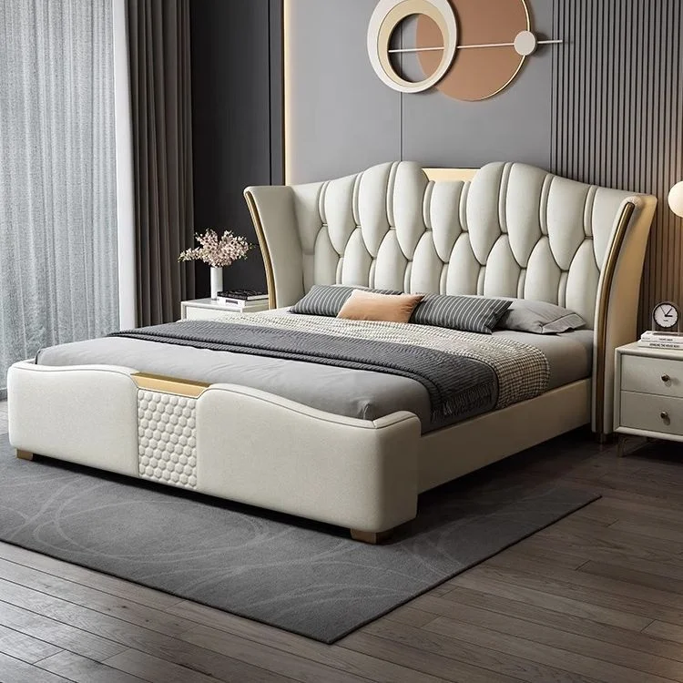Modern Design White King Tufted Platform Bed with Leather Finish High Headboard for Hotel Bedroom Set