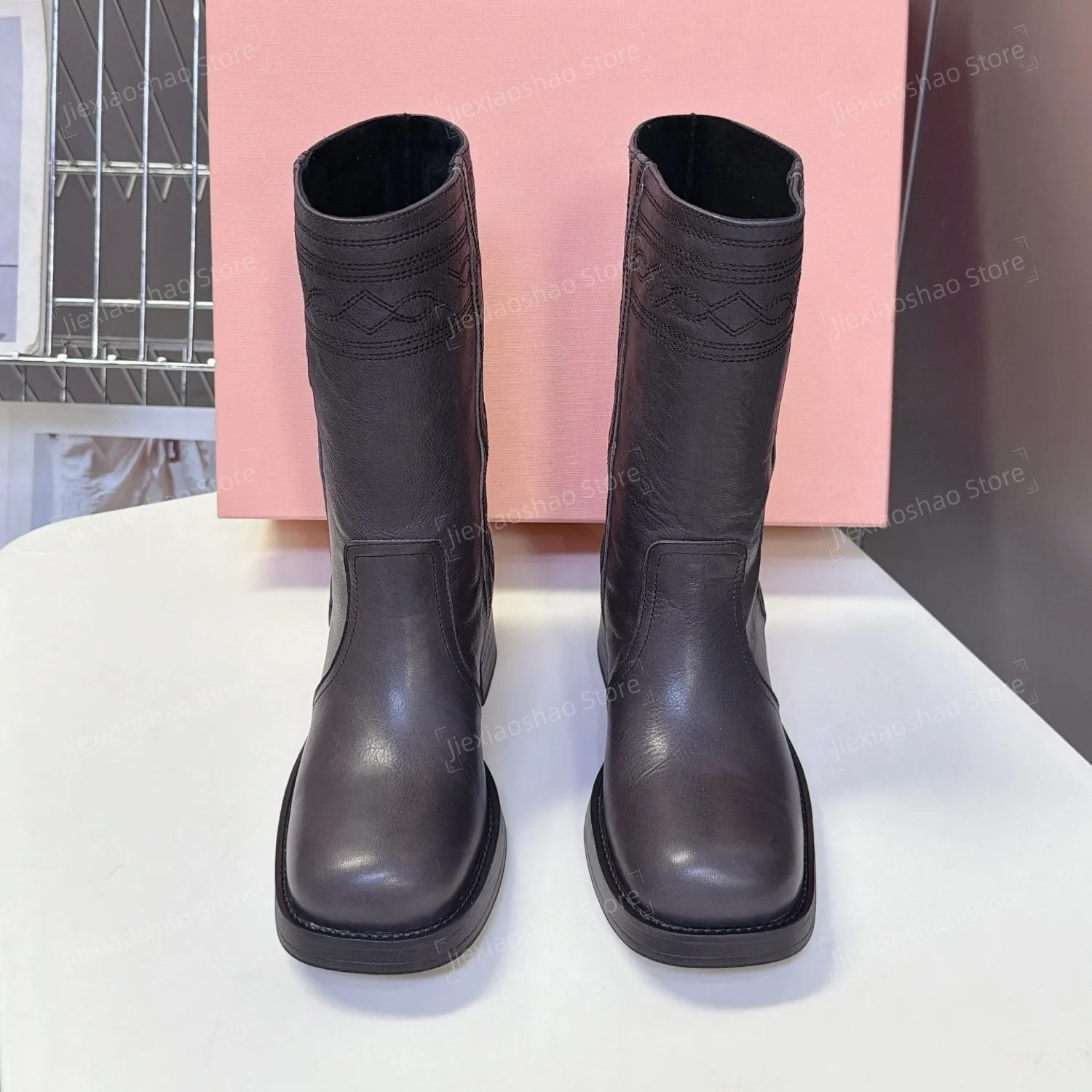 British Style Genuine Leather Round-Toe Chunky Heel Mis-Calf Boots Woman Brogue Short Boots Motorcyle Boots Hiver Botas Mujer