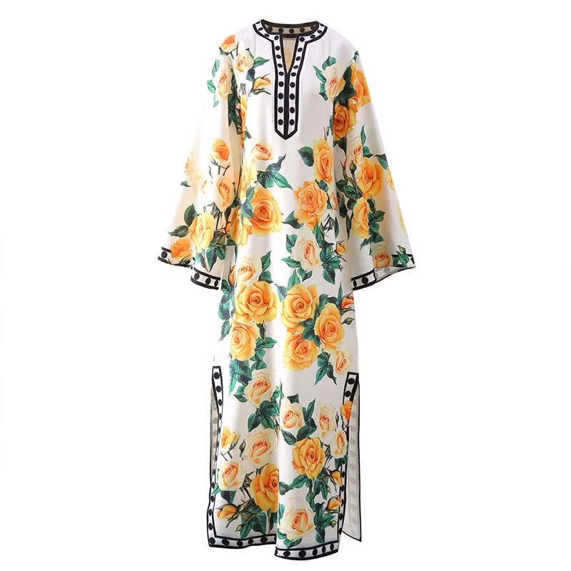 Fashion 2024 Spring Summer New Women Floral Print Maxi Dress Large French Loose V-Neck Length Robe Casual Beach Party Dress