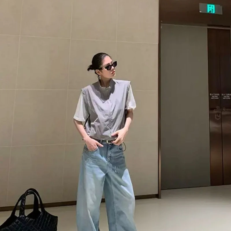 New sun protection faux two-piece top, loose fit, zipper spliced ​​short T-shirt, slim fit, American retro, minority ethnic moto