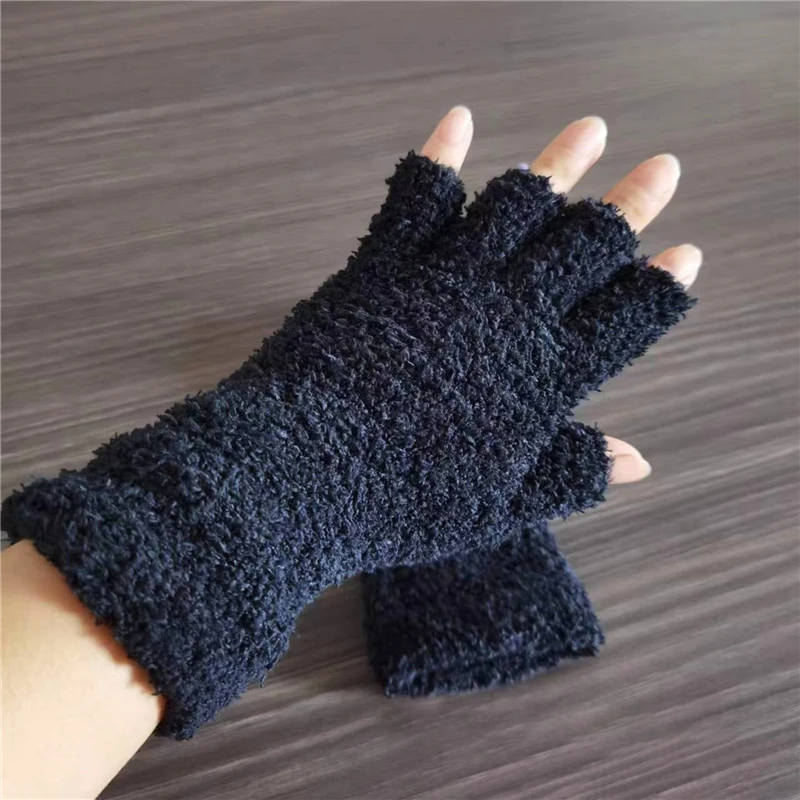 Long Coral Fleece Gloves Women Girls Solid Touchscreen Fingerless Glove Winter Warm Thicken Plush Half Finger Writing Mittens