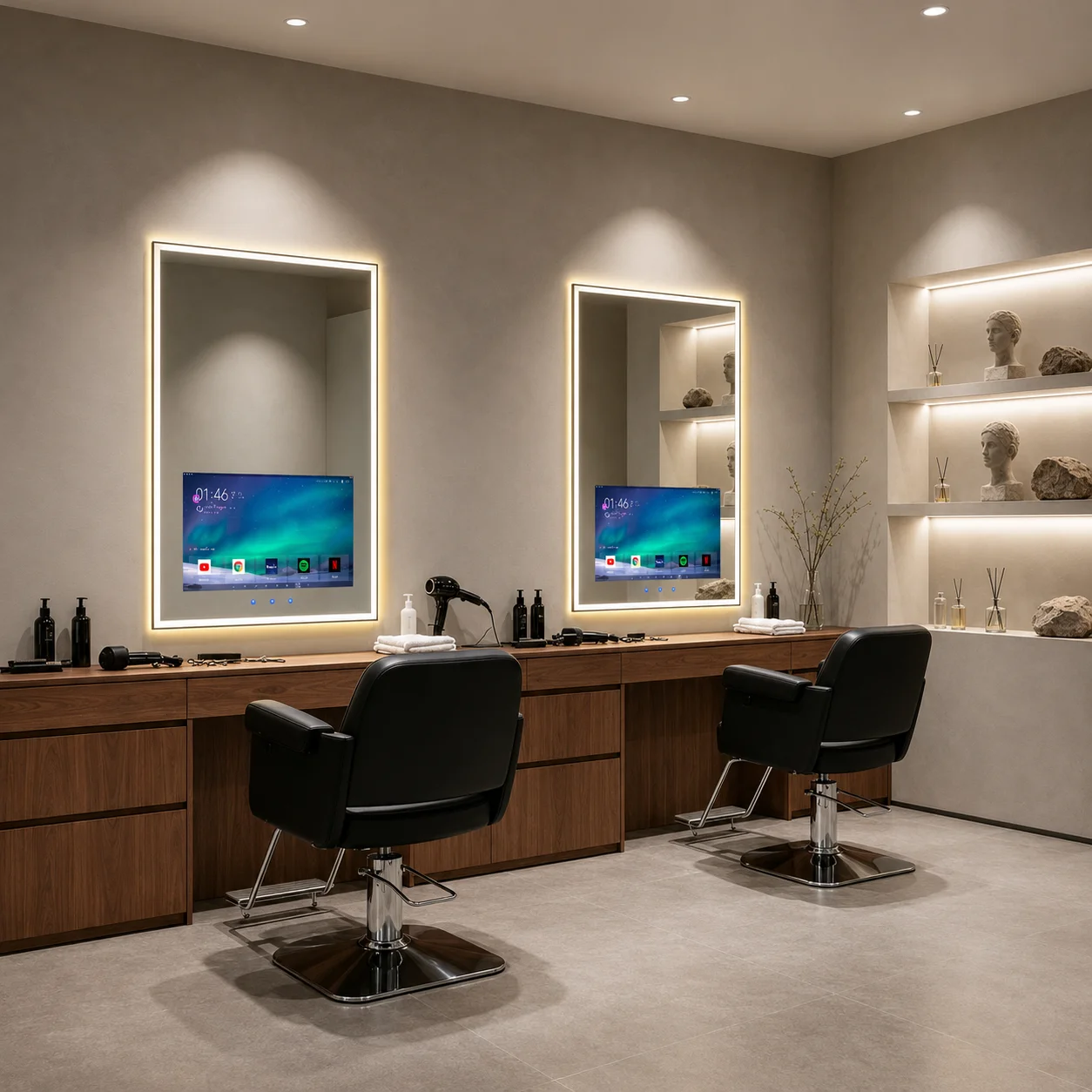 HAOCROWN Custom Wall Mounted Hair Salon Mirror With LED Lights And Smart TV In Mirror For Beauty Salon Styling Station