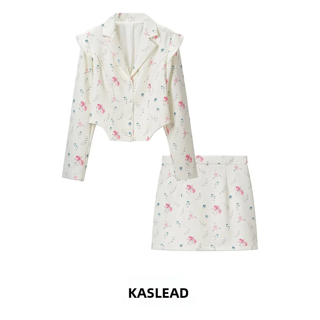 KASLEAD New Floral Print Single-Button Suit Skirt Set Women's Fashion Versatile Spring Autumn High Waist Long Sleeve Short Coat