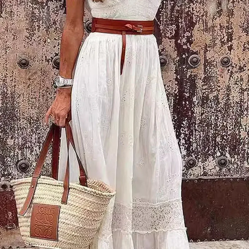 فستان نسائي طويل غير رسمي بلون سادة فستان صيفي مفرغ من الدانتيل ماكسي فيستدوس أنيق صيفي للحفلات المسائية فساتين فيستدوس