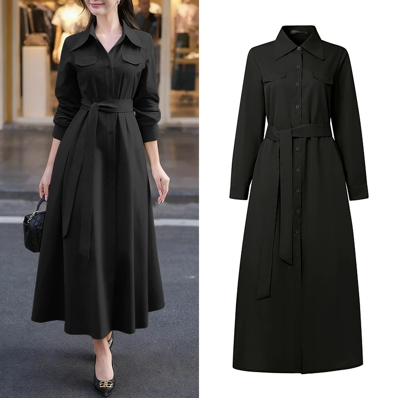 Minimalistische Maxi-Hemdkleider für Damen, elegantes, langärmliges, geknöpftes, langes Kleid mit Umlegekragen und Bindegürtel, ZANZEA Damenbekleidung