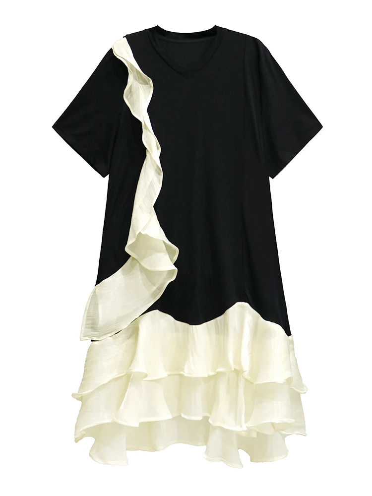 SuperAen สไตล์เกาหลี Niche Design เชื้อราขอบชุดผู้หญิง 2025 ใหม่แฟชั่น Elegant Splicing แขนเสื้อยืดชุด