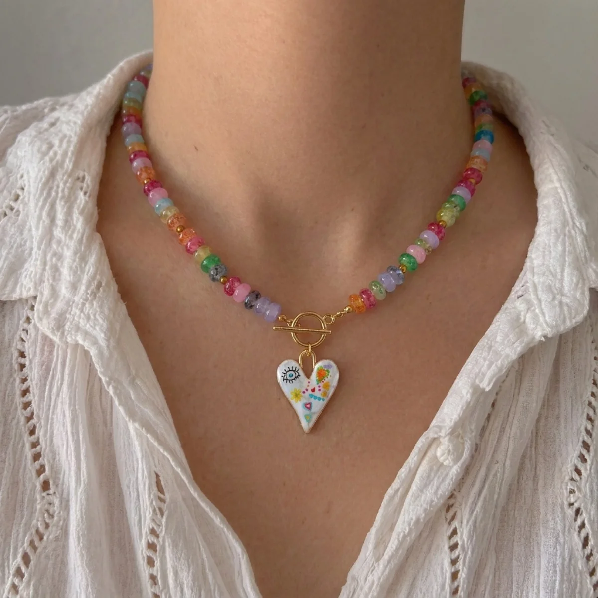 Dopamin Bunte Glas-Flachperlen Graffiti-Blumen-Herz-Anhänger Halskette für Frauen Männer Y2K Vintage OT-Schnallen-Choker Schmuck – Detail 22