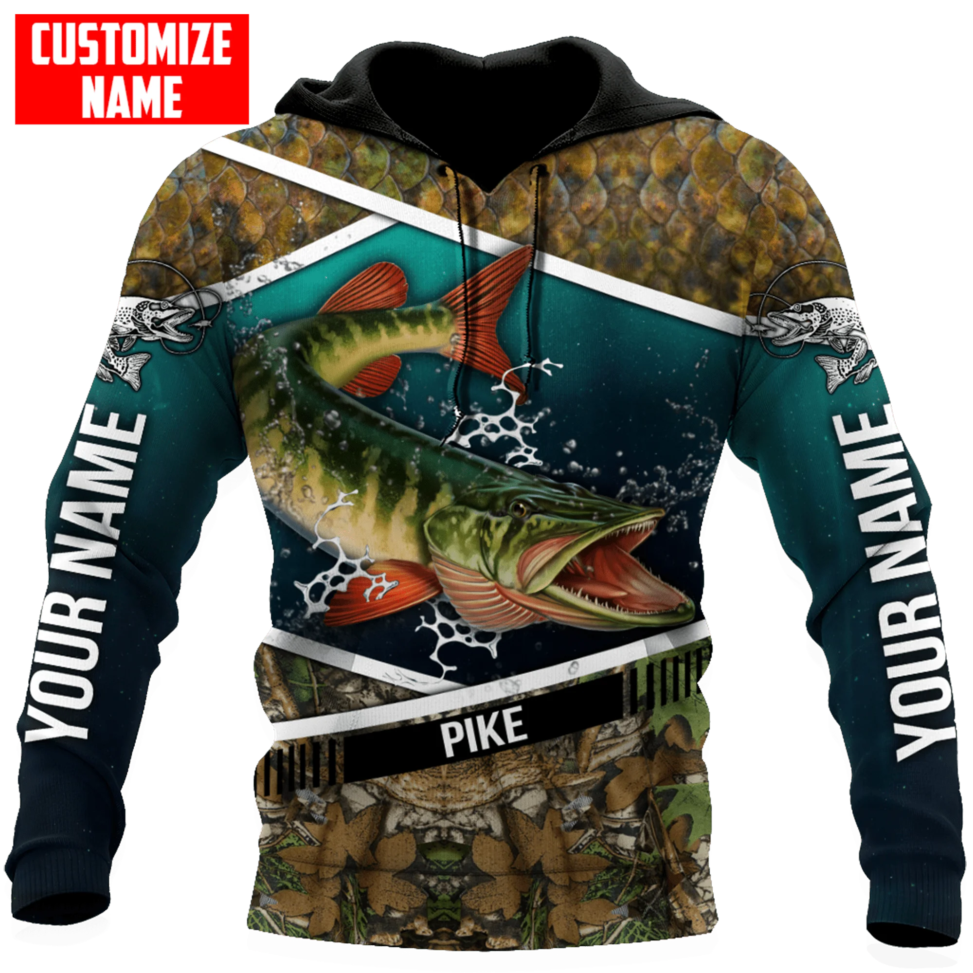 Northern Pike Fishing Customize Name 3D Printed Men's Hoodie & Sweatshirt Autumn Unisex Zip Hoodies Casual sportswear KJ868