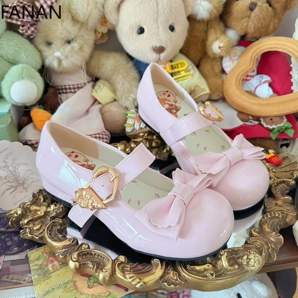 

2025 New Lolita Kawaii Platform Shoes Mid Heel Pumps Casual Sweet Bow Flats Leather Summer Pink Princess Japanese