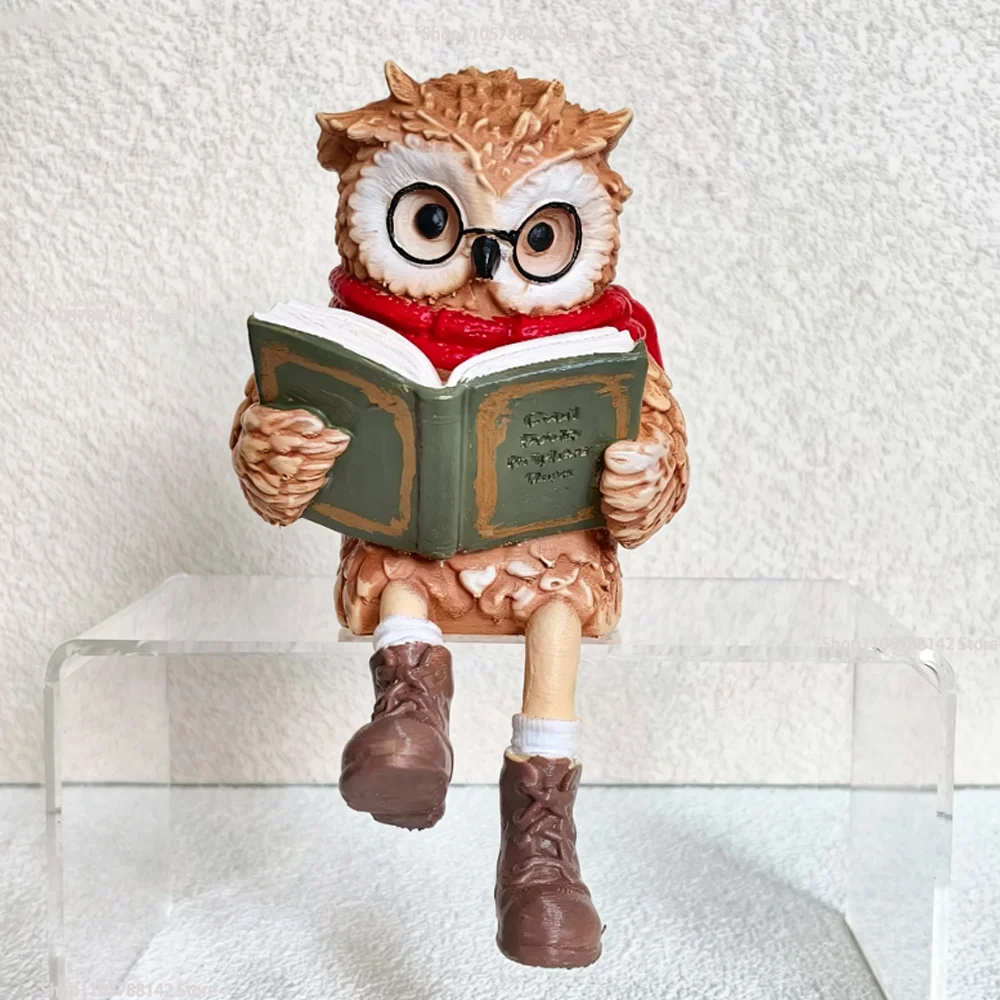 Vintage Reading Owl Figurine with Book Round Glasses Rustic Shelf Whimsical Dangle Legs Resin Ornament Shelf Sitter Home Decor