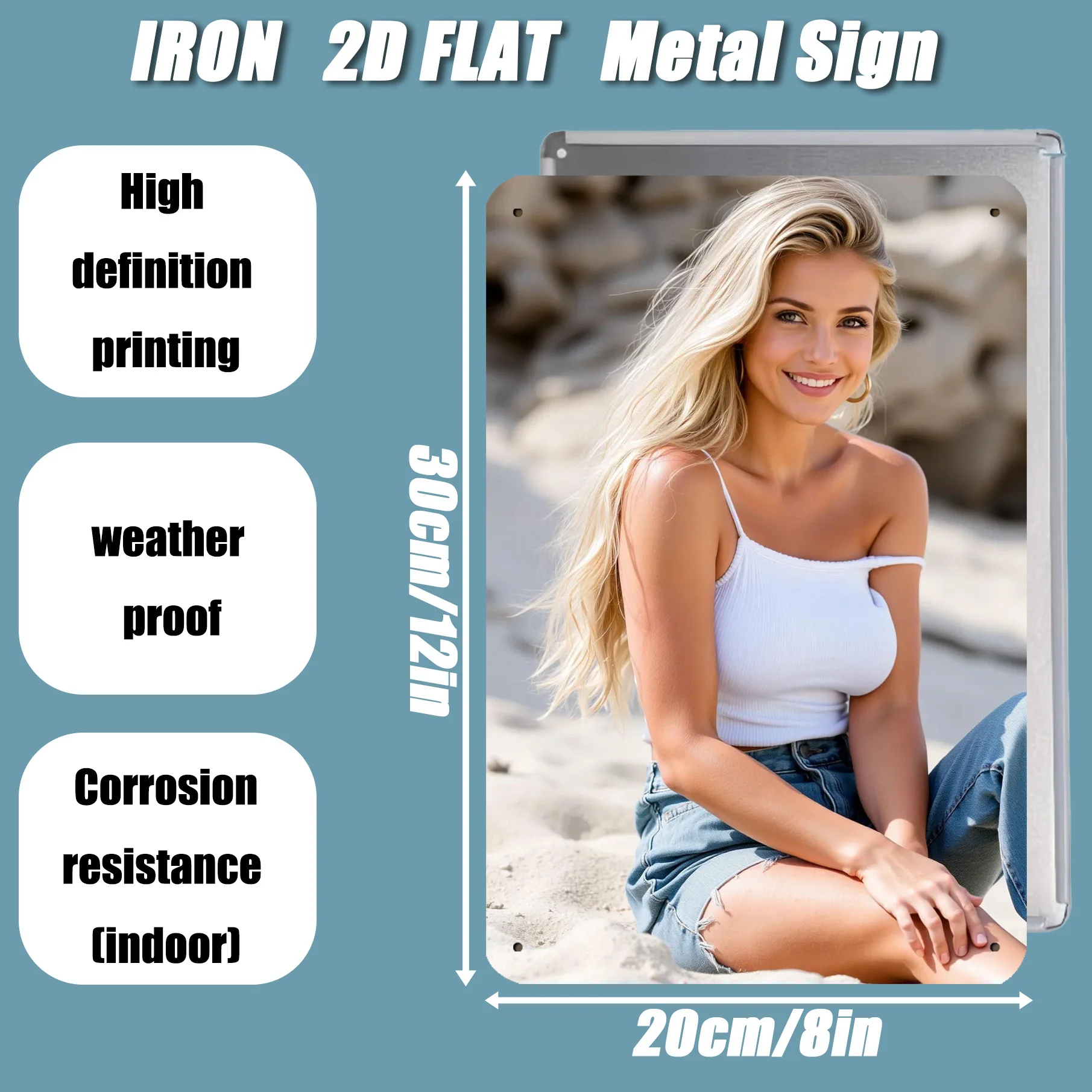2D Flat Retro Blonde Lady on Beach Metal Wall Art,8