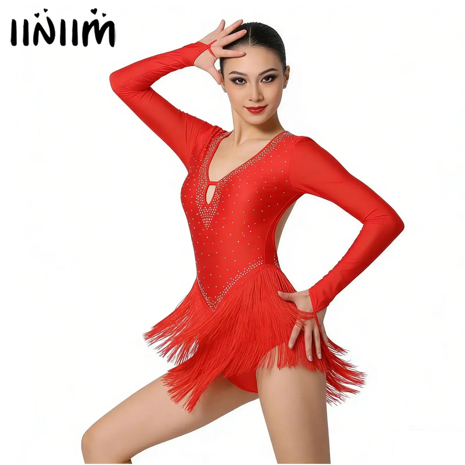 

Женский гимнастический костюм для латиноамериканских танцев с блестящими стразами, боди с бахромой, купальник для лирических танцев, платье-боди