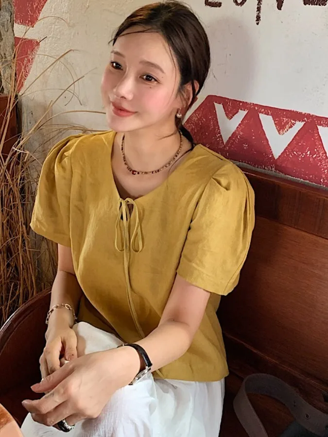 Csa Fena de Manga Curta com Manga Bufante Design Versátil Verão 2025 Csa Casual Faion Fena Top de Qualidade P...