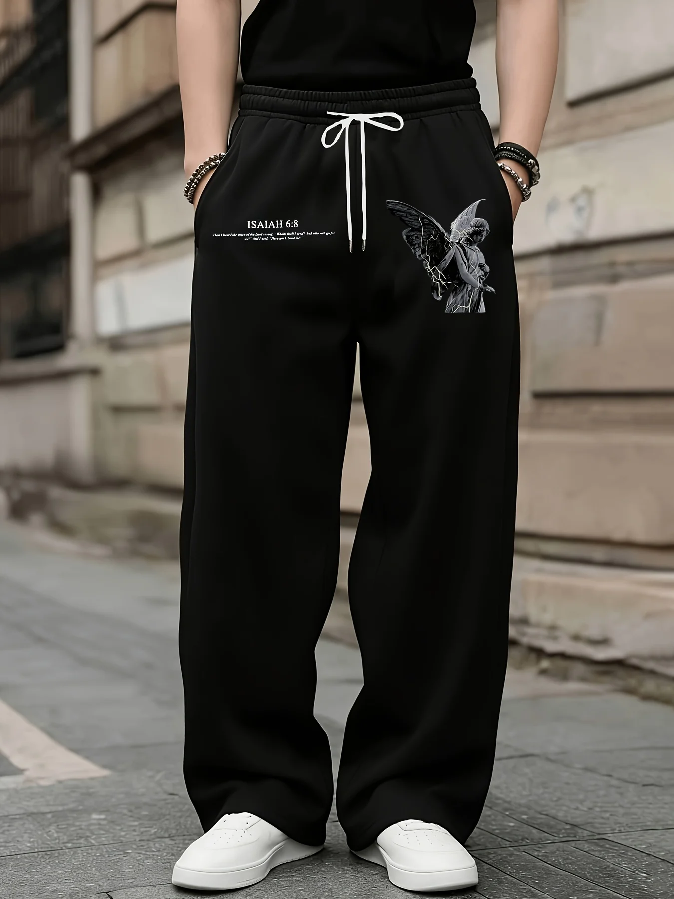 Men's drawstring waist printed trousers with angel straight leg stylish and casual suitable for everyday wear all year round
