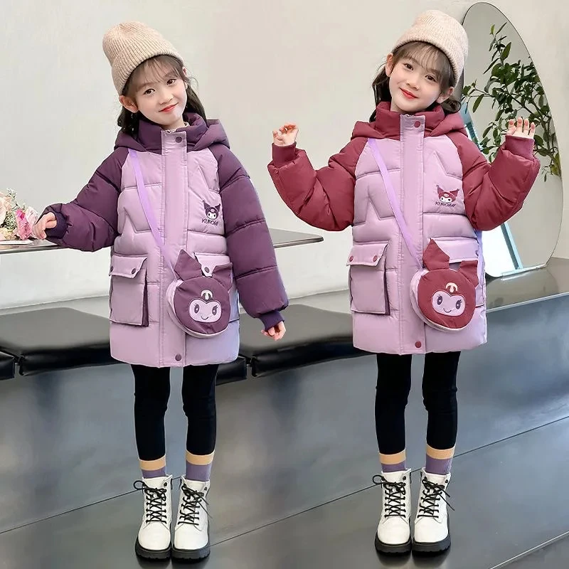 Teenagers Girls Sanrio Kuromi Down Jacket Winter Kids Cotton Padded Warm Coat with Bag Children Hooded Windproof Thicken Outwear