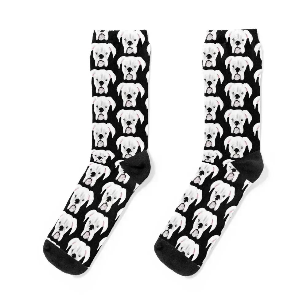 

WHITE BOXER DOG HALFTONE PUPPY BLACK Socks new in's luxe Stockings man cartoon Girl'S Socks Men's