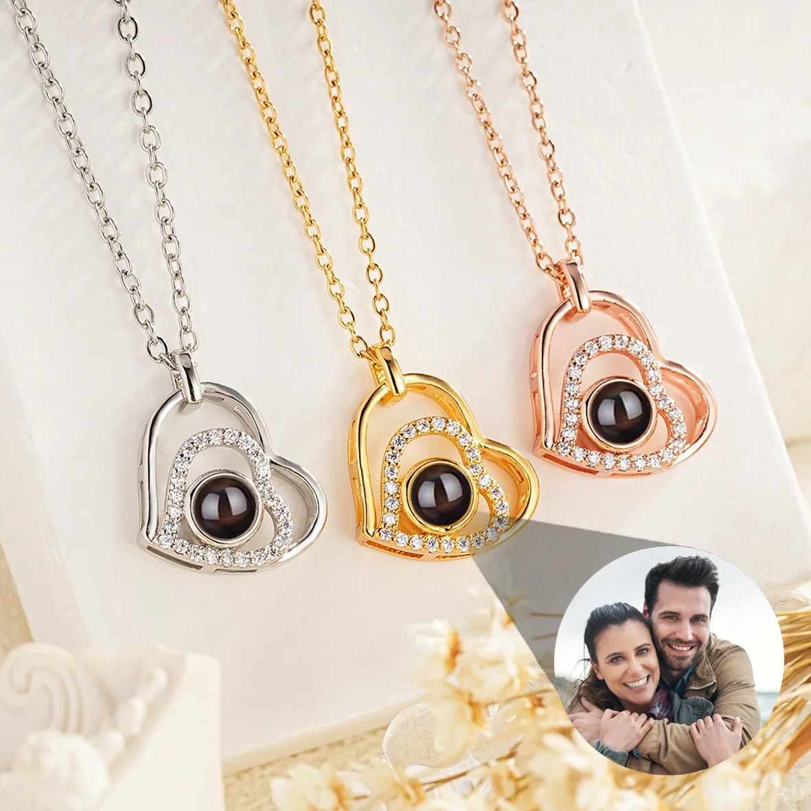 Colgante de proyección en forma de corazón personalizado, collar de foto personalizado, collar de proyección de circón brillante, regalo para novia, nuevo