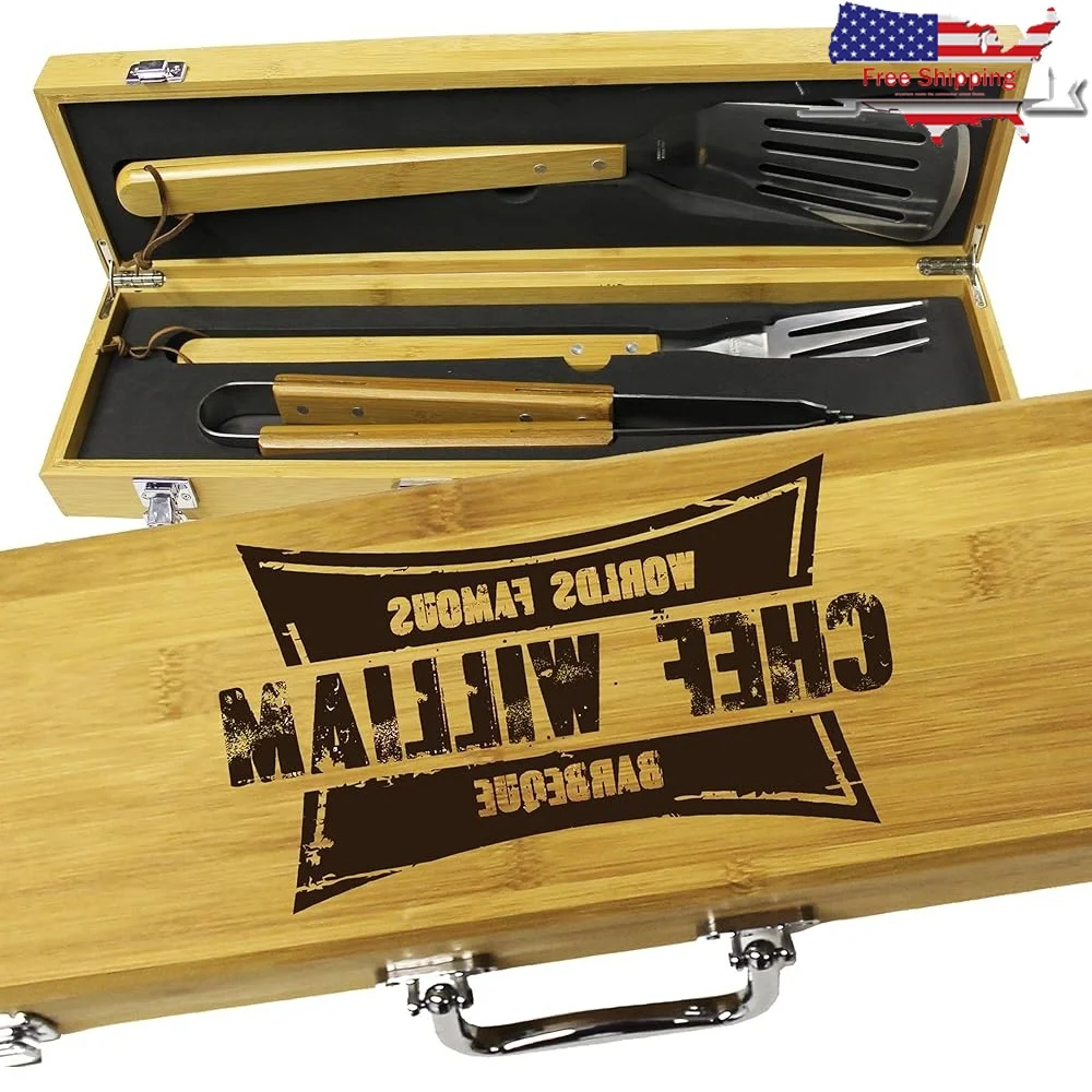 

Personalized BBQ Grill Set Gift Dad Men Includes Stainless Steel Tools Fork Spatula Tongs Engraving Option
