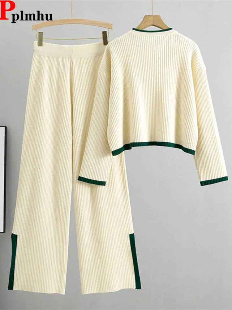 

Casual Knitwears Sweater 2 Pieces Sets Women O-neck Knit Pullover Cropped Tops Conjuntos High Waist Split Wide Leg Pants Suits