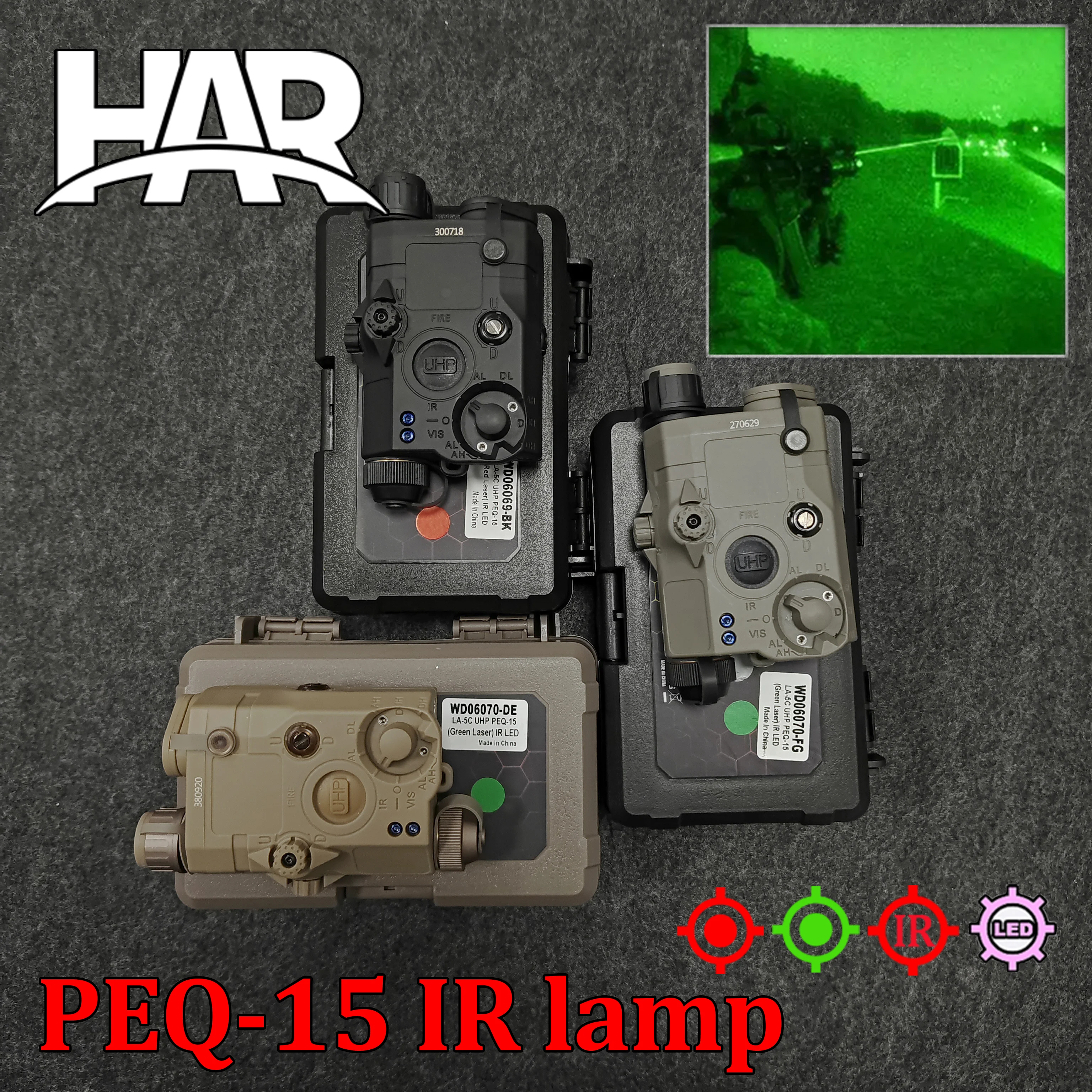 

Tactical Airsoft UHP PEQ-15 PEQ15 Laser Aiming LA5C Red Dot Green Blue IR Version Indicator Weapon Rifle IR Illuminator Light