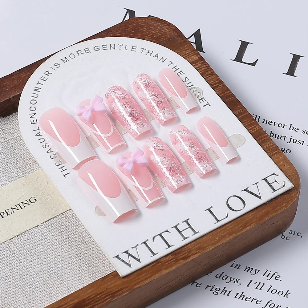 24Pcs Pink Bowknot French Fake nails Patches 3D Pink Glitter Bow Long Coffin French False Nails Full Cover Acrylic Press on nail