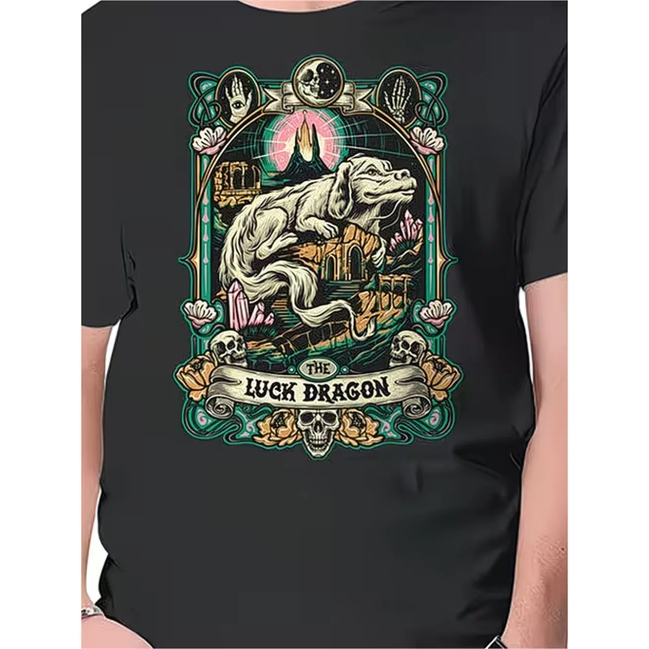 The Luck Dragon Mens Graphic Oversize T Shirt Skull Design With Golden Accents Regular Fit Short Sleeve Casual Tee Machine Washable Apparel Durable Casualwear