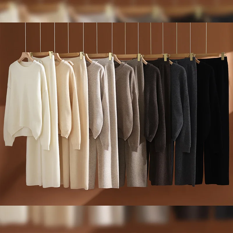 

ADDONEE Women's 100% Wool Set O-neck Pullover Wide Leg Pants Thick Autumn Winter Cashmere Sweater Trousers Knitwear