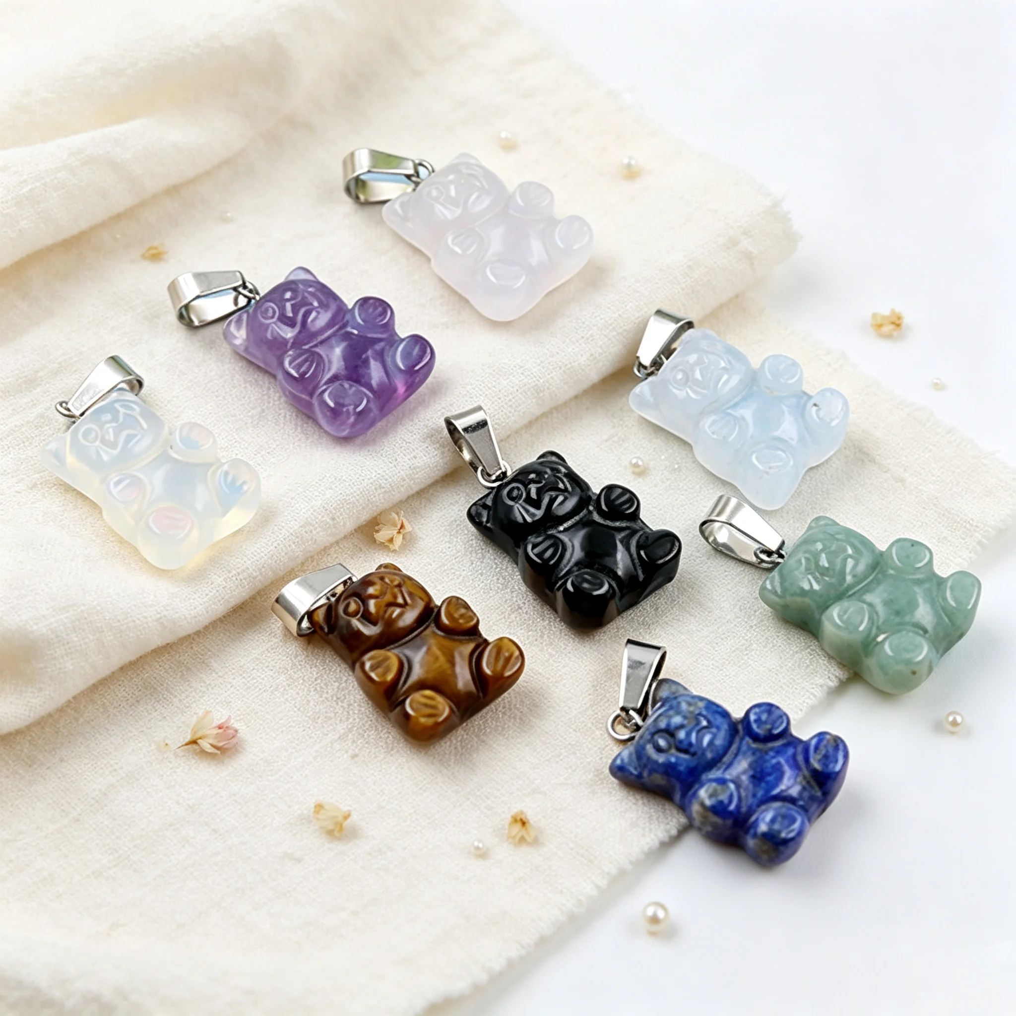 10pcs Natural Teddy Bear Crystal Pendant Carved Animal Healing Stone Energy Chakra Reiki Charm for Jewelry Making DIY Craft Gift