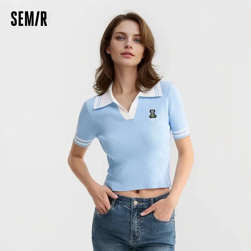 Semir 2024 Sweater Women Short Tight Embroidered  Summer New Contrast Color Lapel Cover Sweater For Women