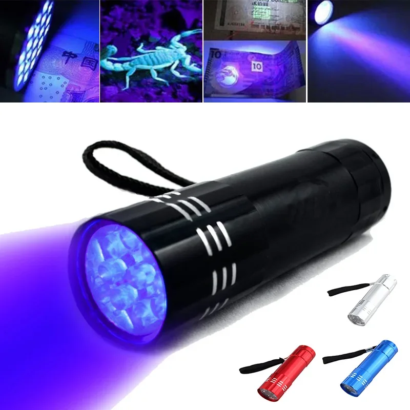 Black Mini Aluminum Uv Ultra Violet 9 Led Flashlight Torch Light Lamp Waterproof Lamp Outdoor Portable Tactical Lighting Tool