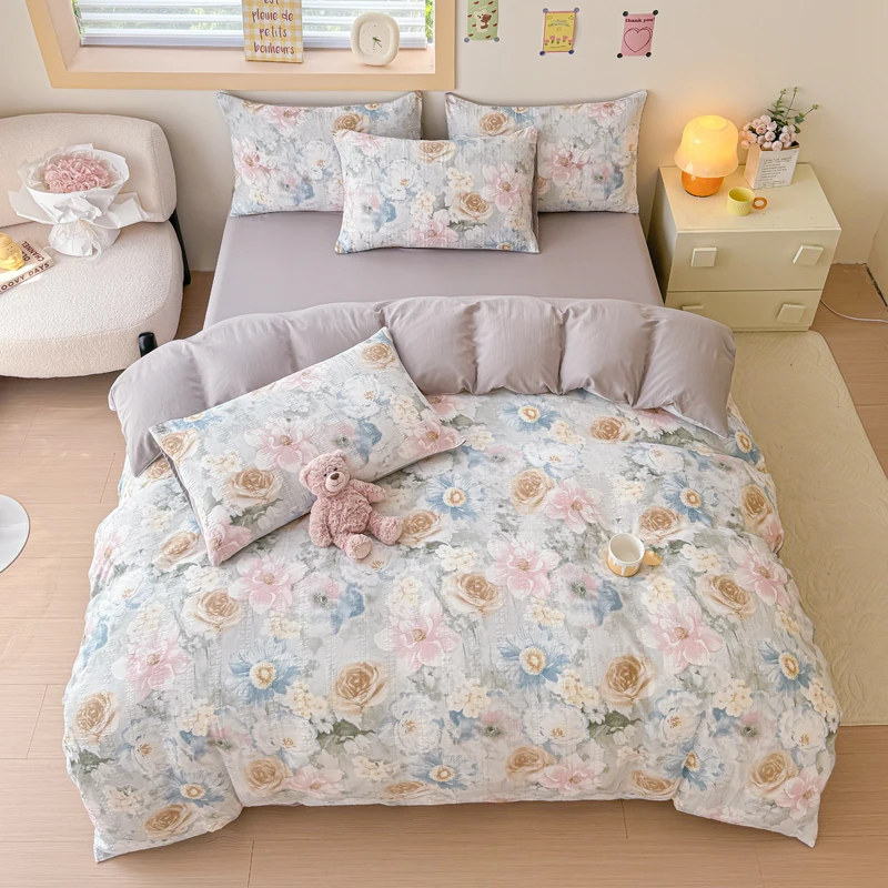 

Vintage Luxury Flower Bedding Set 4Pcs Duvet Cover + Flat Sheet + 1/2 Pillowcases Watercolor Flowers Polyester Quilt Cover Set